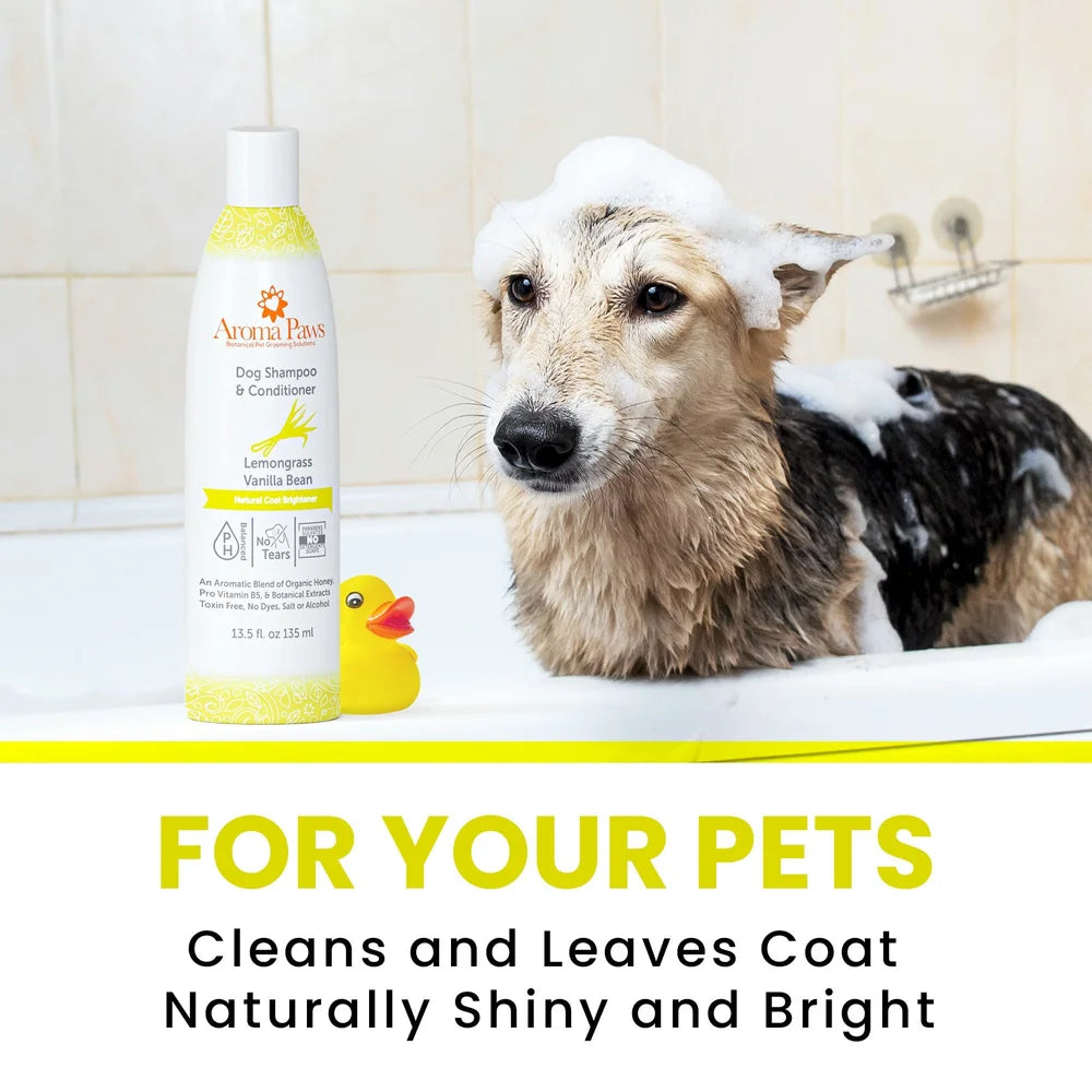 Dog being bathed with a bottle of Avant Passo shampoo and conditioner, with text highlighting brightening benefits