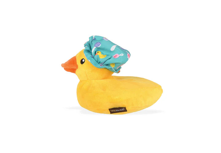 Yellow duck plush dog toy with crinkly shower cap and squeaker, eco-friendly dog toy