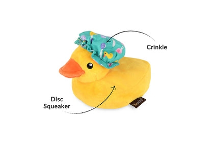Duck plush dog toy showing squeaker and crinkly texture for interactive play