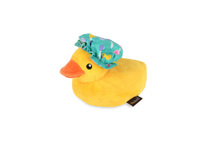 Yellow duck plush dog toy with blue shower cap, non-toxic and eco-friendly