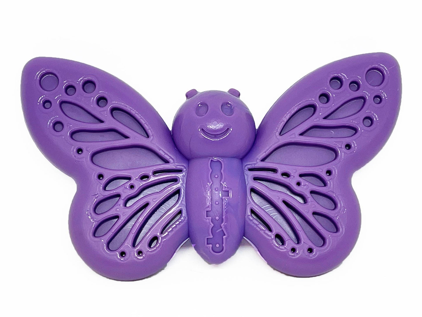 Purple butterfly enrichment and chew toy made from non-toxic, food-safe material for power chewers