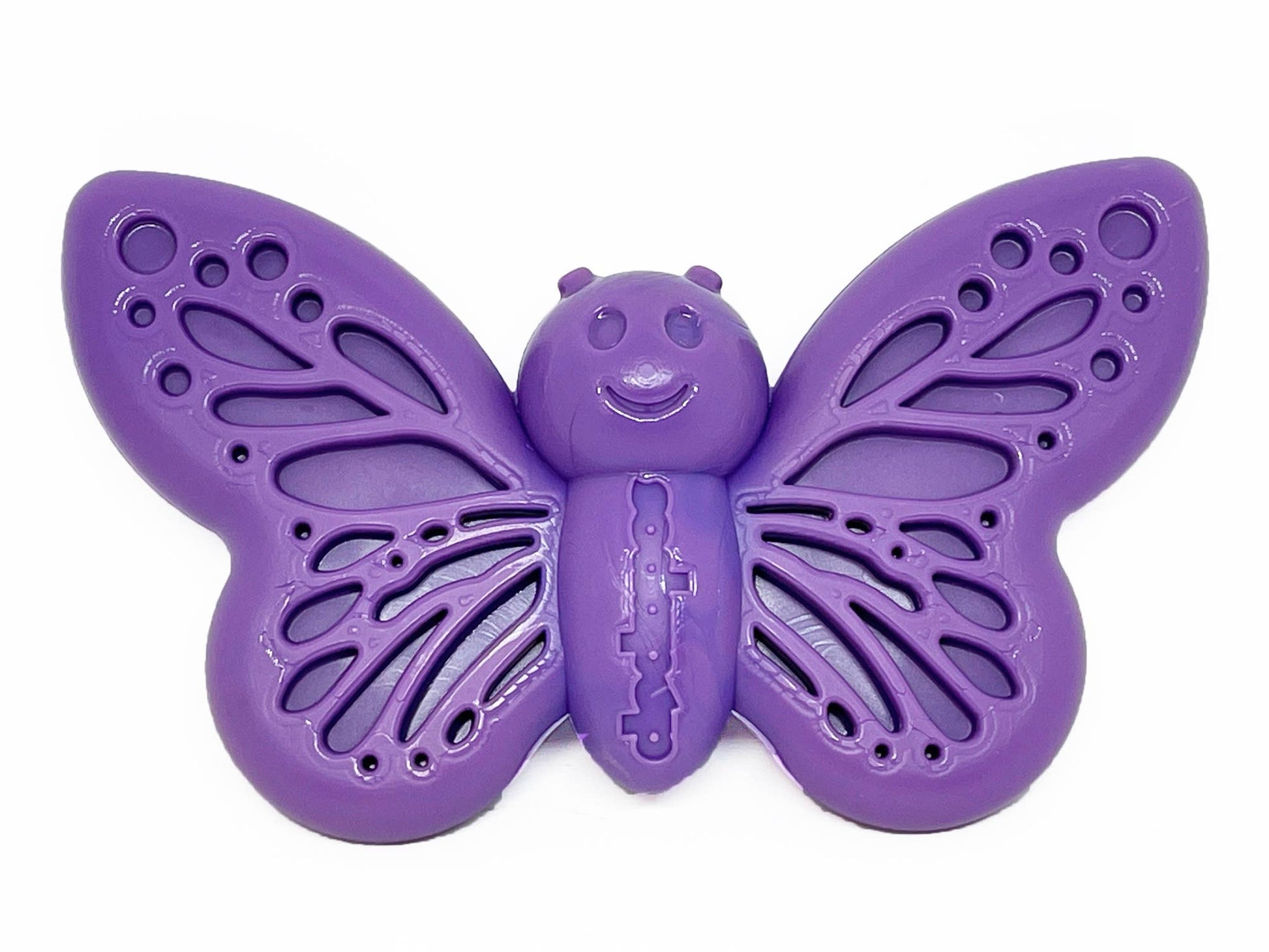 Purple butterfly enrichment and chew toy made from non-toxic, food-safe material for power chewers