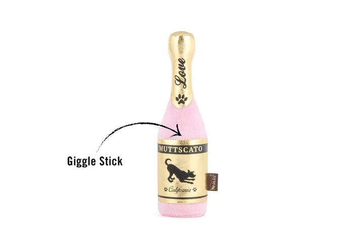 Champagne bottle plush dog toy with giggle stick, eco-friendly dog toy for interactive play