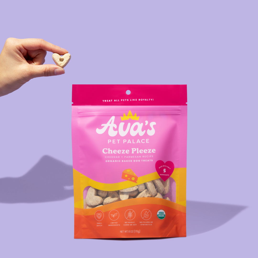 Close-up of Cheeze Pleeze organic dog treats by Ava’s Pet Palace, oven-baked with five simple ingredients and designed for healthy, everyday treating.