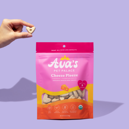 Close-up of Cheeze Pleeze organic dog treats by Ava’s Pet Palace, oven-baked with five simple ingredients and designed for healthy, everyday treating.