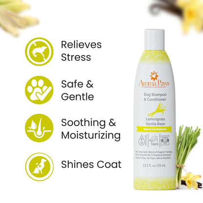 Infographic highlighting shine, cleansing, and moisturizing benefits of Lemongrass Vanilla dog shampoo