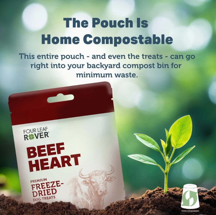 Home compostable packaging for freeze-dried beef heart dog treats
