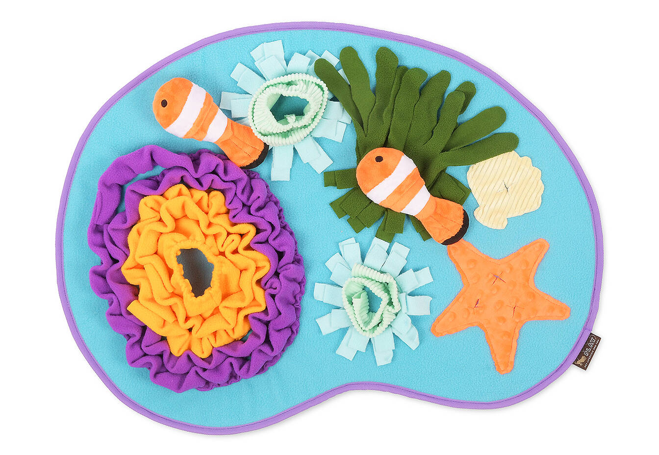 Aquatic themed snuffle mat for dogs designed for enrichment, slow feeding, and interactive sniffing play.