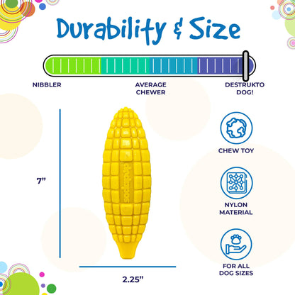 SodaPup durability and size guide for the Corn on the Cob nylon dog chew toy