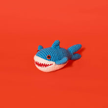Shark dog toy made from natural cotton with all-natural dyes and a built-in squeaker
