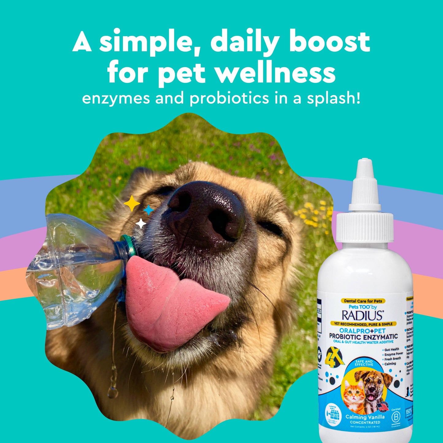 Daily probiotic dog water additive for fresh breath and gut health