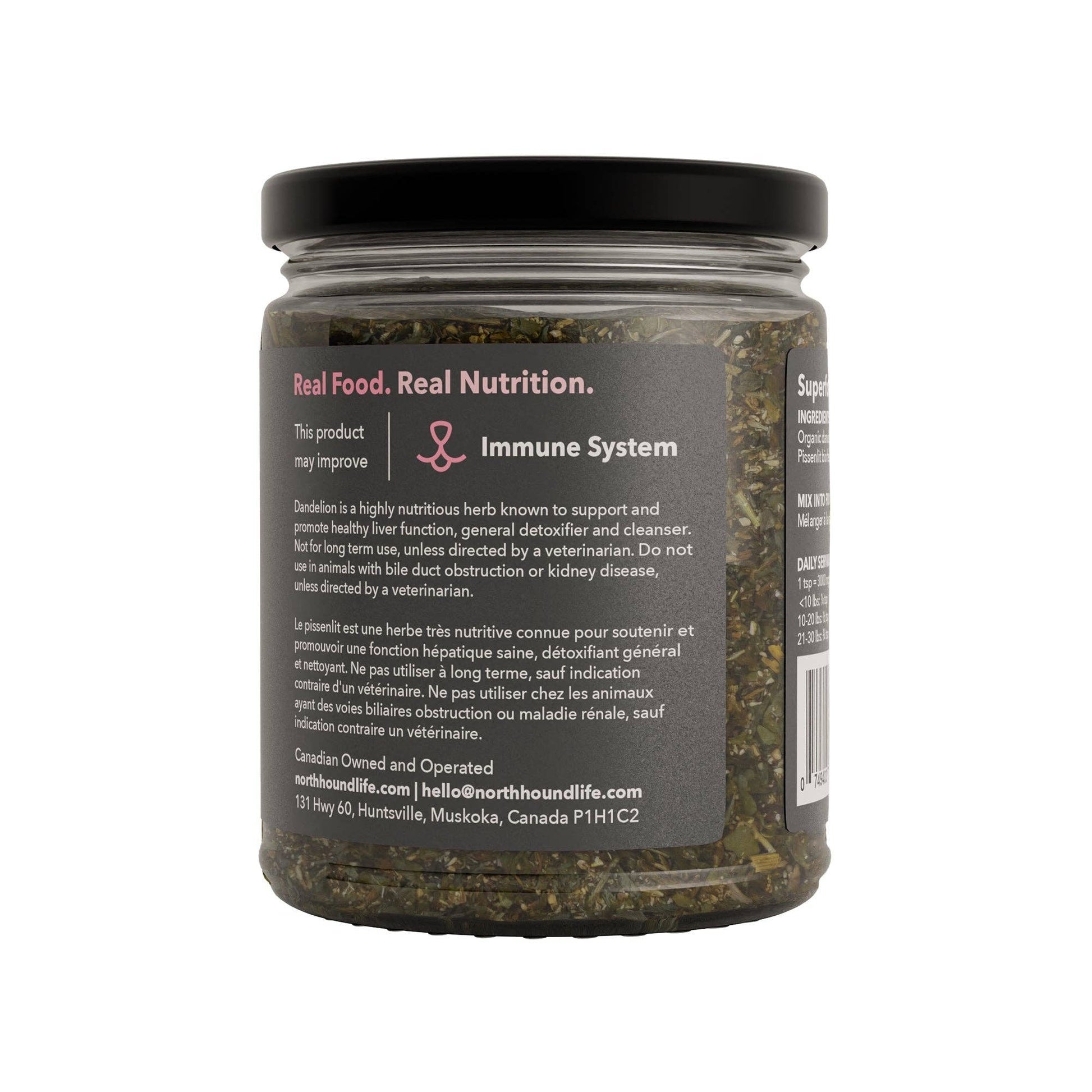 Back label of organic dandelion supplement for dogs with product details