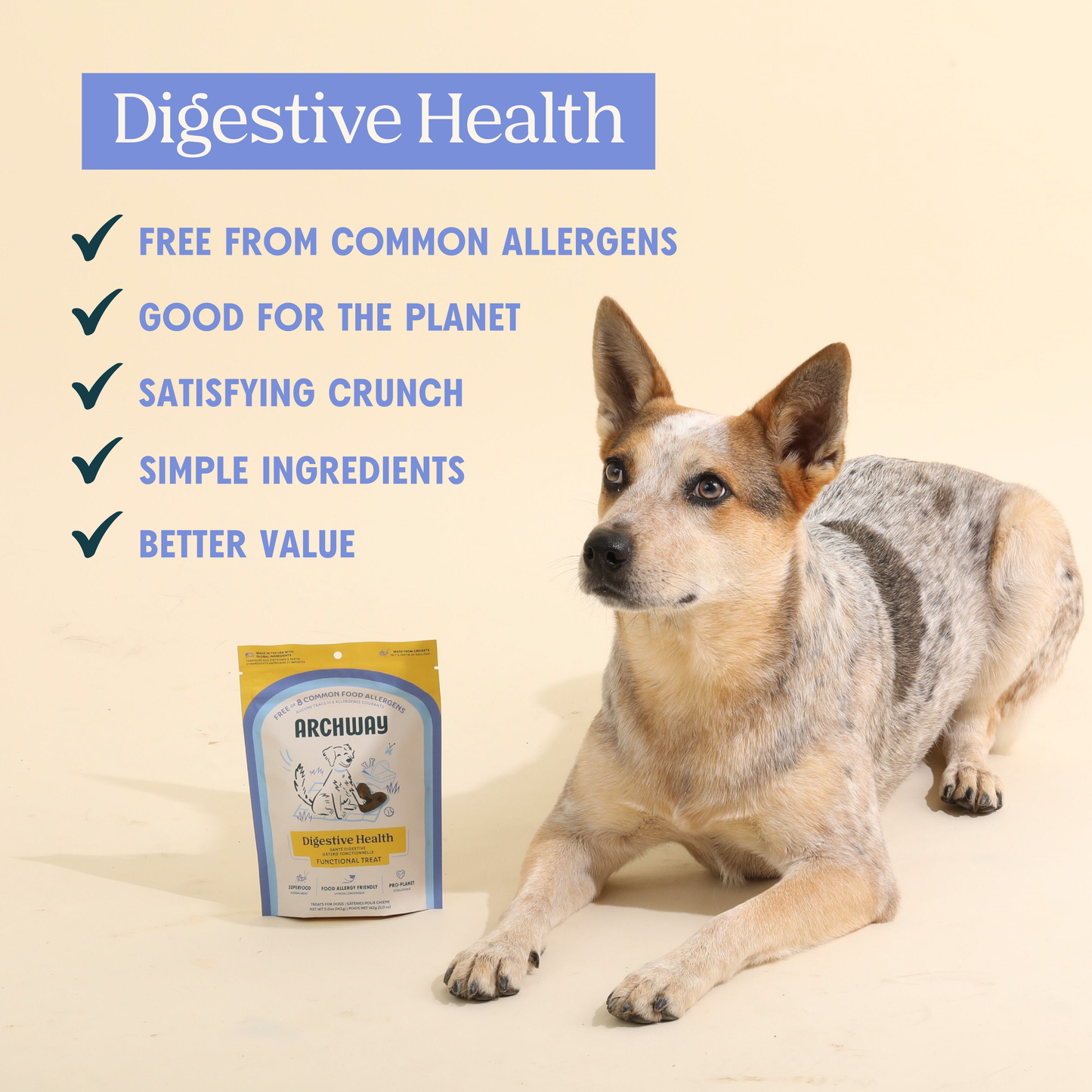 Archway Digestive Health dog treat graphic highlighting digestive health benefits with a dog beside the package
