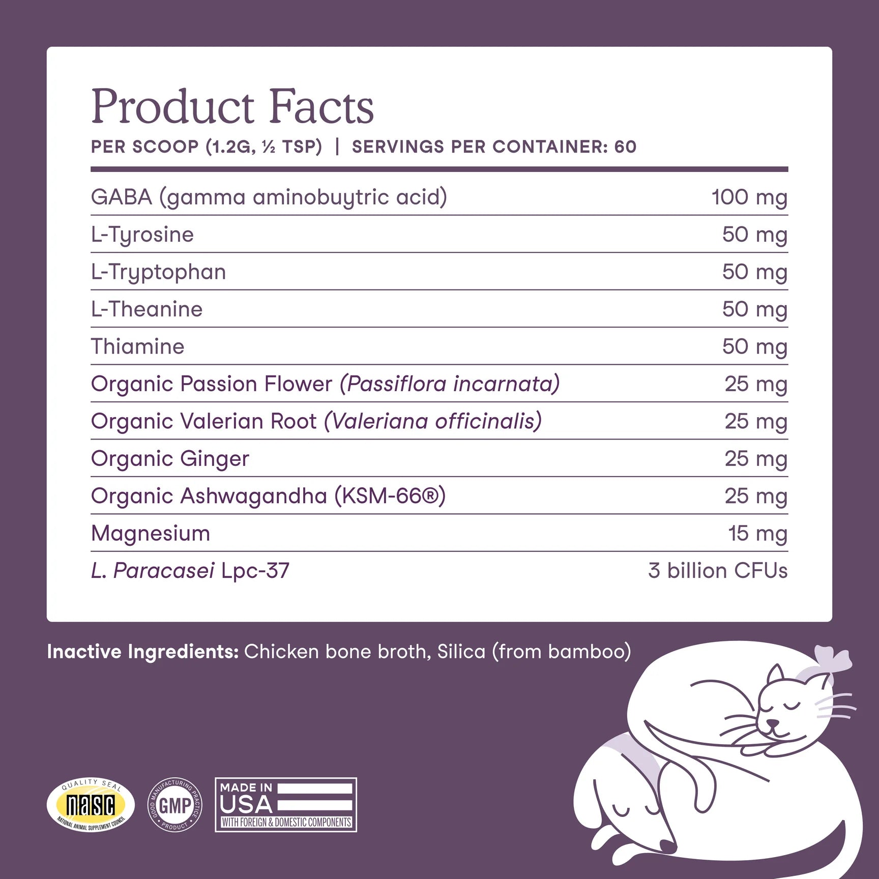 Supplement facts label showing ingredients and dosage for calming supplement for dogs