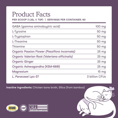 Supplement facts label showing ingredients and dosage for calming supplement for dogs