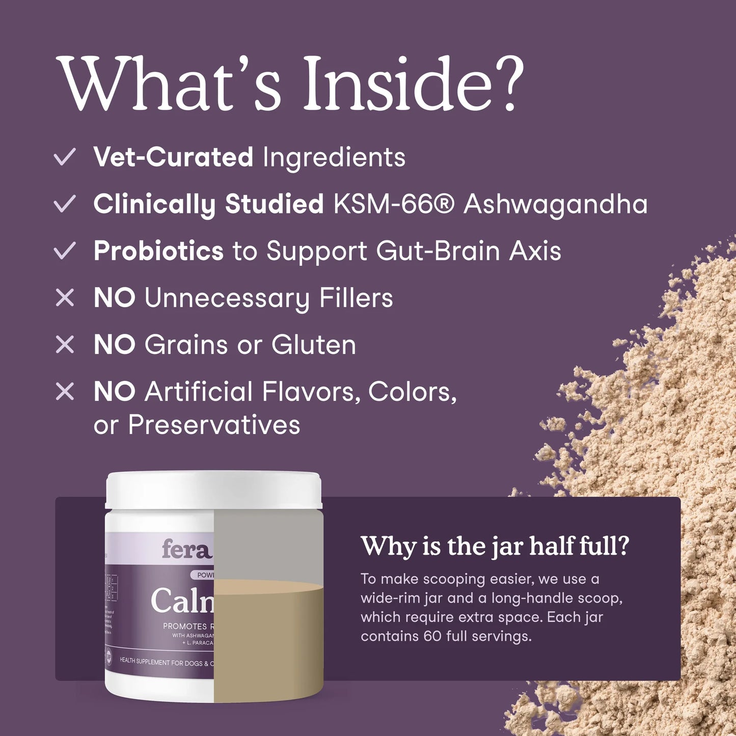Dog calming supplement ingredients including probiotics, amino acids, and natural calming compounds