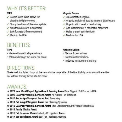 Ingredients and usage information for organic dog ear cleansing serum and foam ear swabs