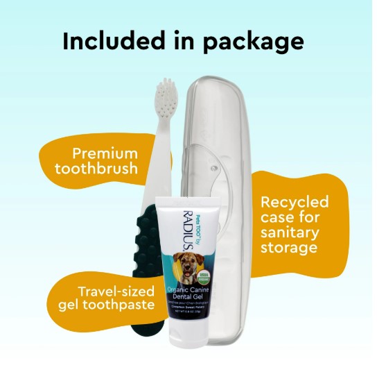 Included items in RADIUS canine oral care kit showing toothbrush, organic toothpaste, and storage case