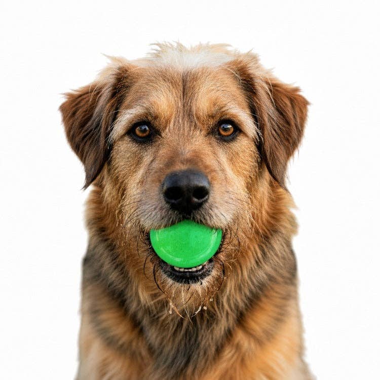 Dog holding a green SodaPup soft rubber fetch ball in its mouth