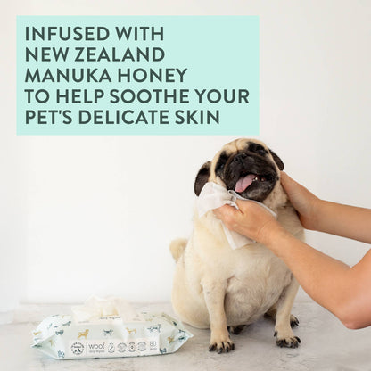 Natural dog wipes infused with New Zealand Manuka honey to help gently cleanse and support sensitive skin.