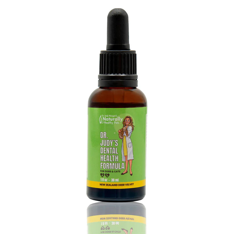 Bottle of Dr. Judy Morgan dental health formula drops for brush-free dog oral care