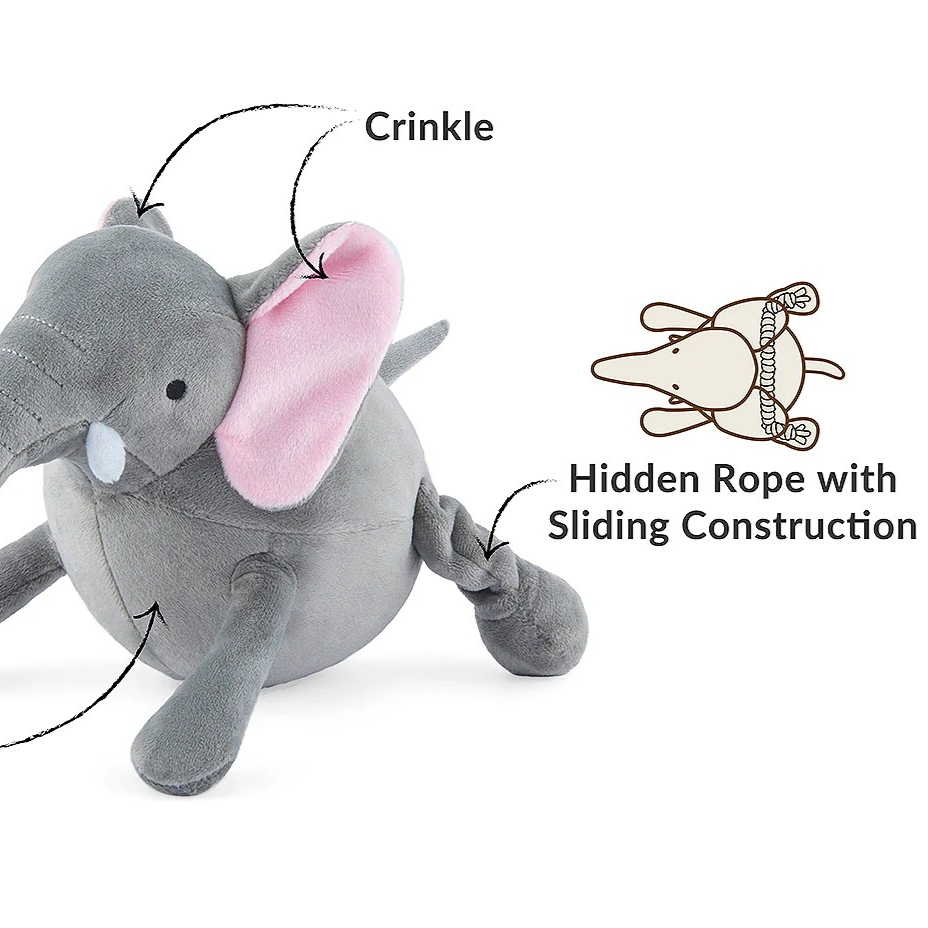 Elephant dog toy with hidden rope element and durable construction for active play