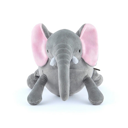 Gray elephant dog toy designed for tug, chase, and carry play