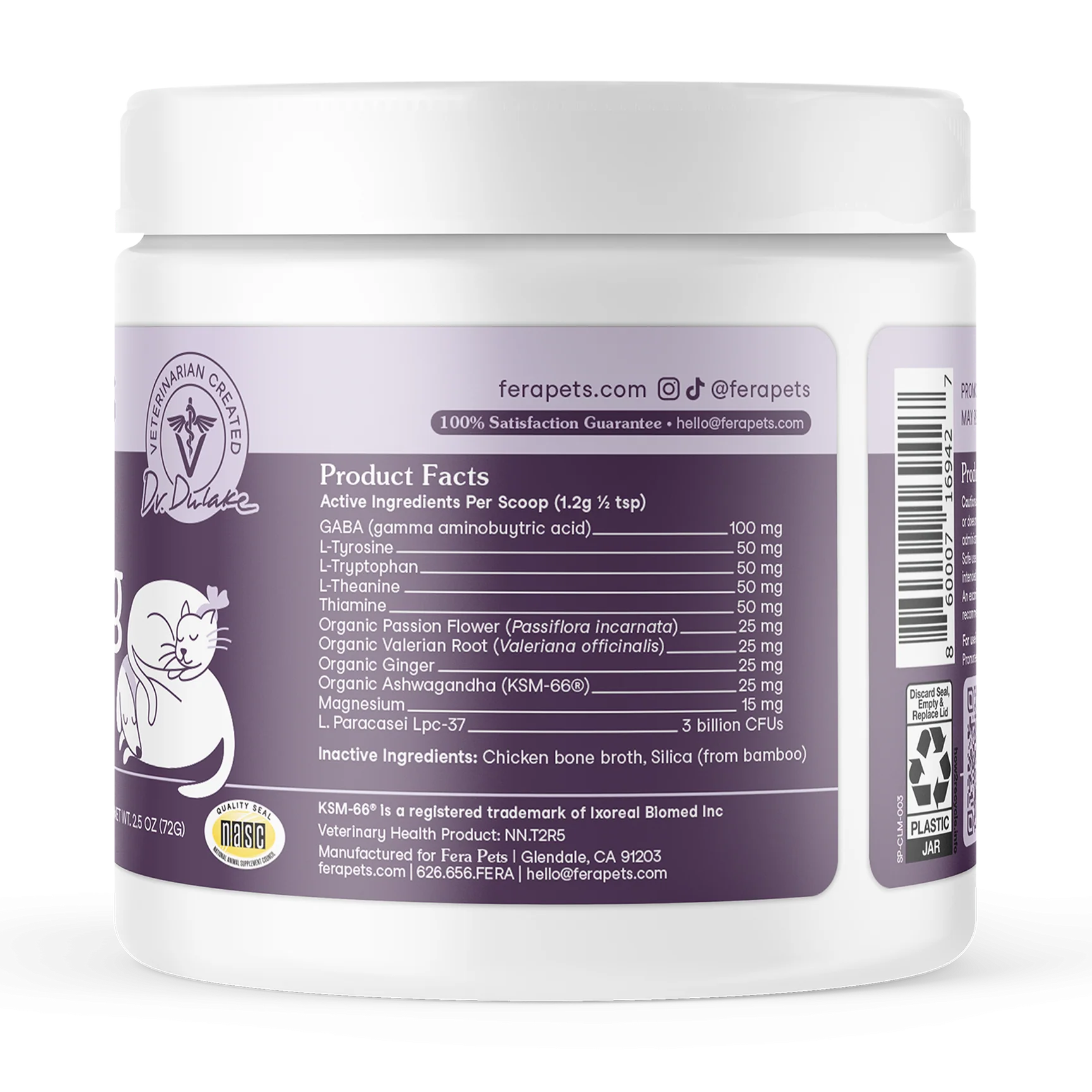 Fera Pets calming supplement jar packaging, BPA-free and recyclable container