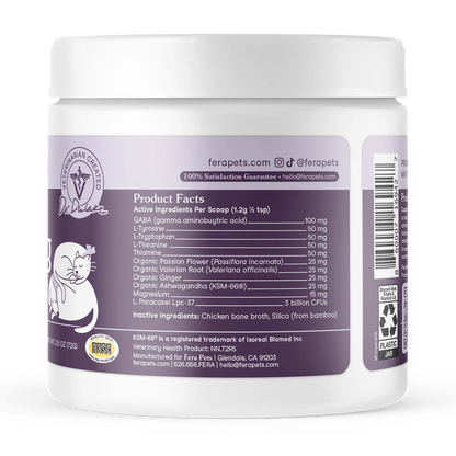 Fera Pets calming supplement jar packaging, BPA-free and recyclable container