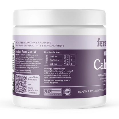 Side view of Fera Pets calming supplement jar packaging, BPA-free and recyclable container
