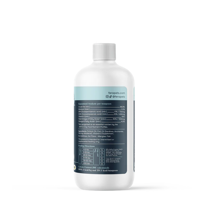 Side view of Fera Pets Omega-3 fish oil for dogs in BPA-free recyclable bottle
