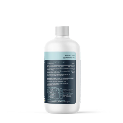 Side view of Fera Pets Omega-3 fish oil for dogs in BPA-free recyclable bottle