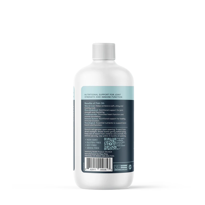 Back label of Fera Pets fish oil for dogs showing supplement facts and ingredient panel