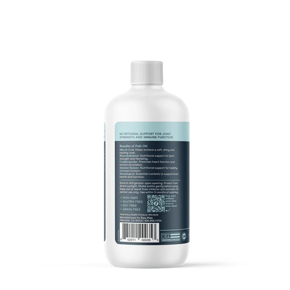 Back label of Fera Pets fish oil for dogs showing supplement facts and ingredient panel