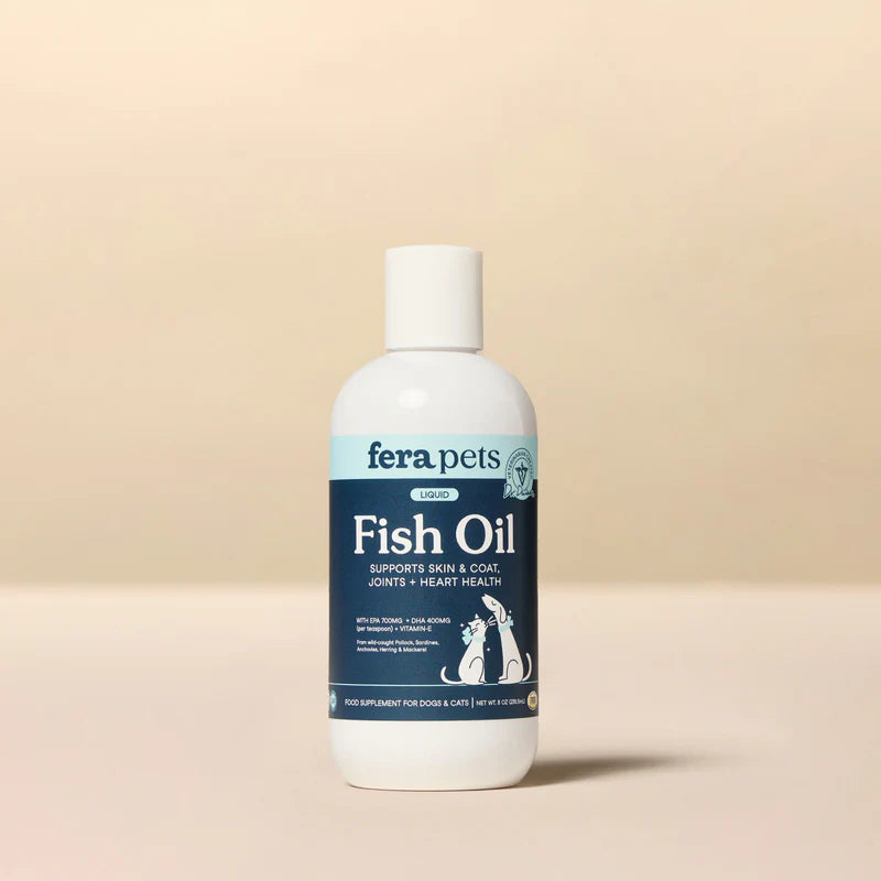 Fera Pets fish oil for dogs bottle featuring wild-caught Omega-3 formula with high EPA and DHA
