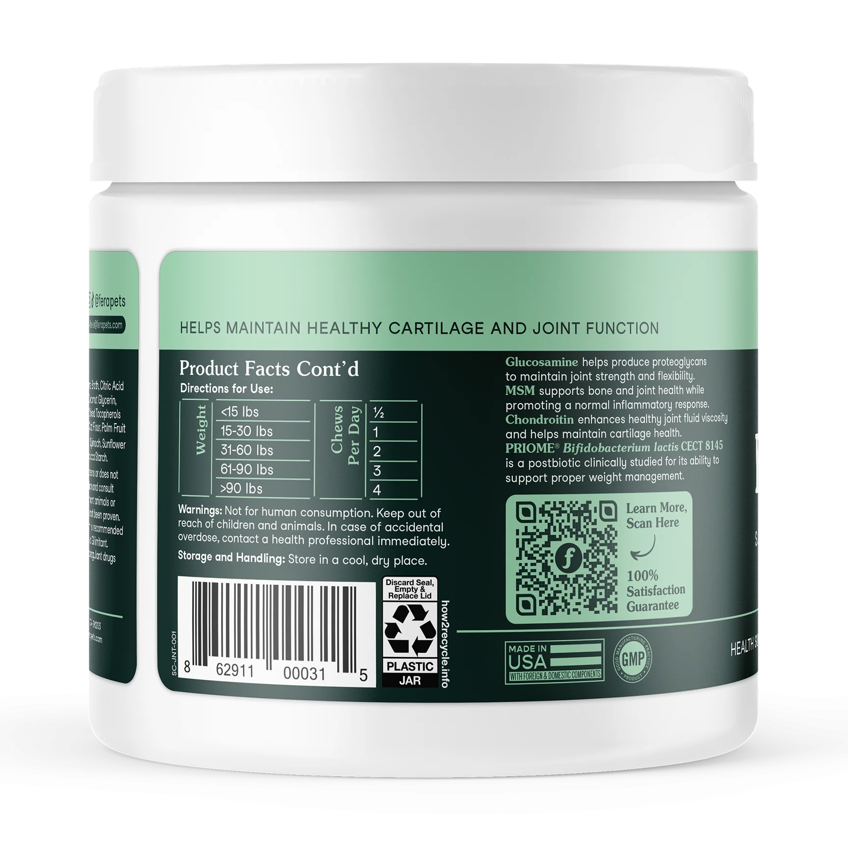 Back label of Fera Pets joint support supplement showing product details and ingredients