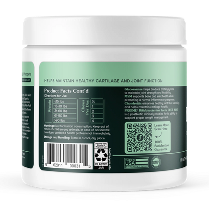 Back label of Fera Pets joint support supplement showing product details and ingredients