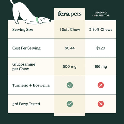 Comparison chart showing potency and active ingredients in Fera Pets joint supplement for dogs