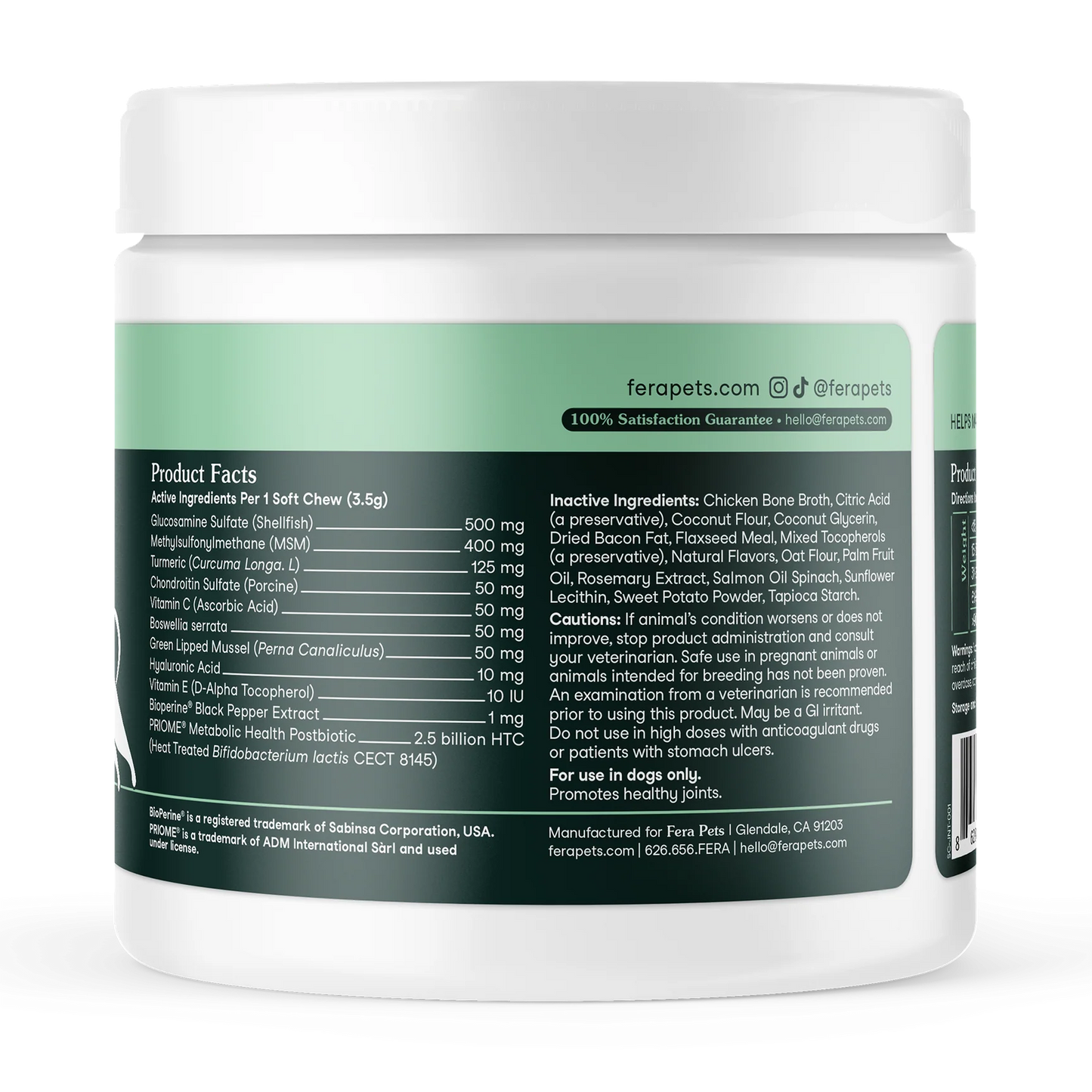 Side view of Fera Pets hip and joint supplement jar for dogs with soft chew formula