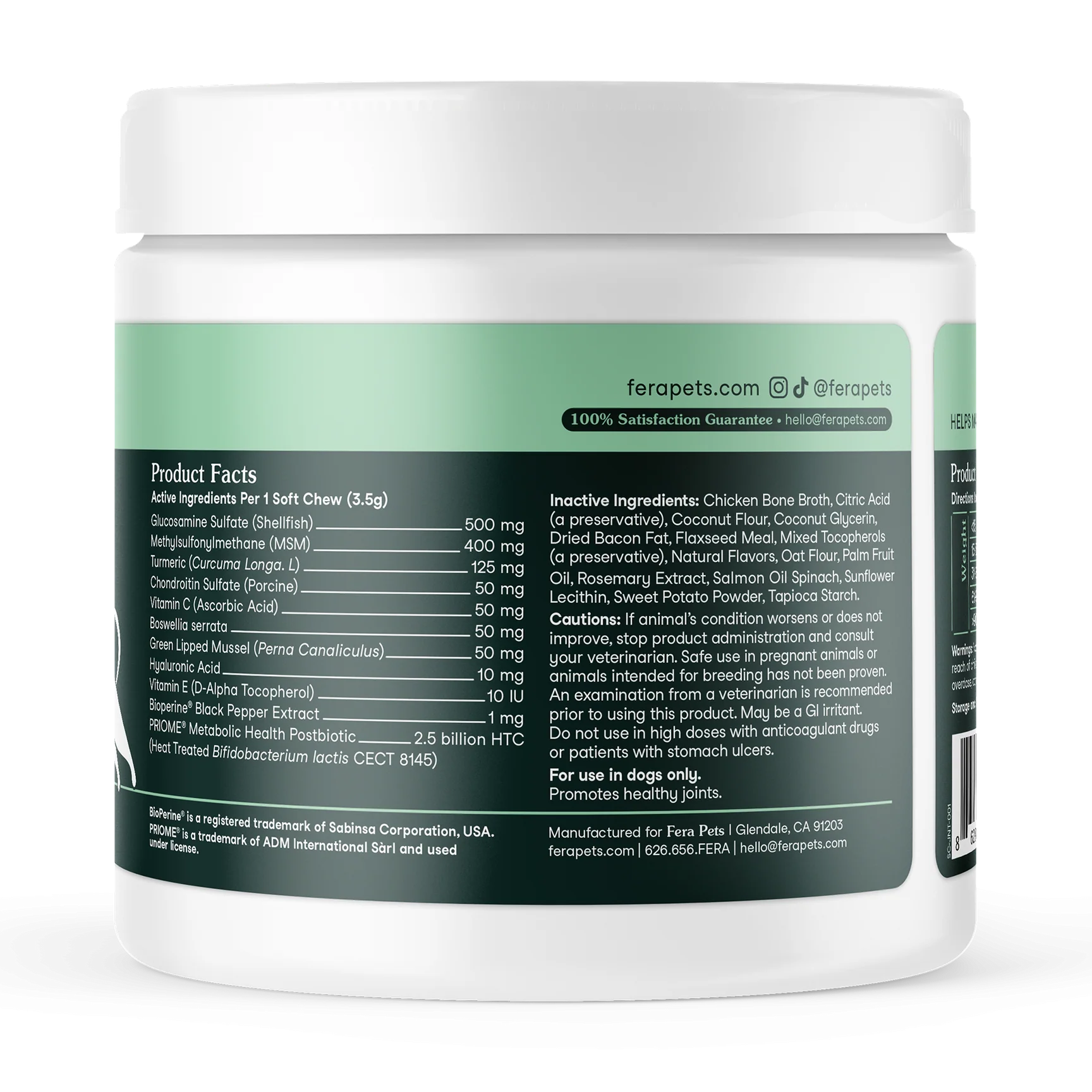 Side view of Fera Pets hip and joint supplement jar for dogs with soft chew formula