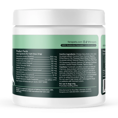 Side view of Fera Pets hip and joint supplement jar for dogs with soft chew formula