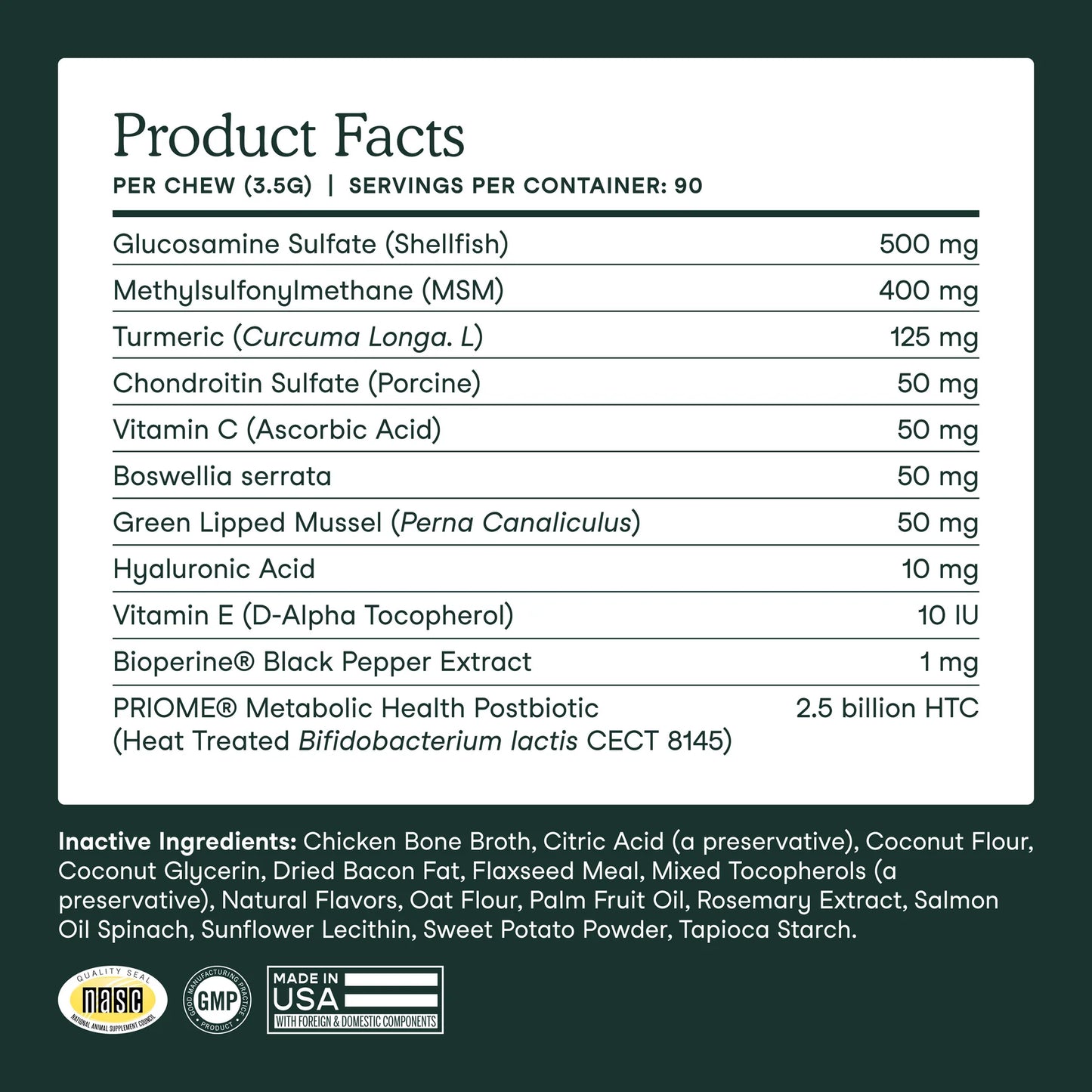 Supplement facts panel showing ingredients in Fera Pets joint support supplement for dogs