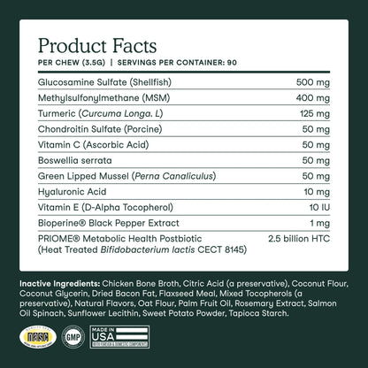 Supplement facts panel showing ingredients in Fera Pets joint support supplement for dogs