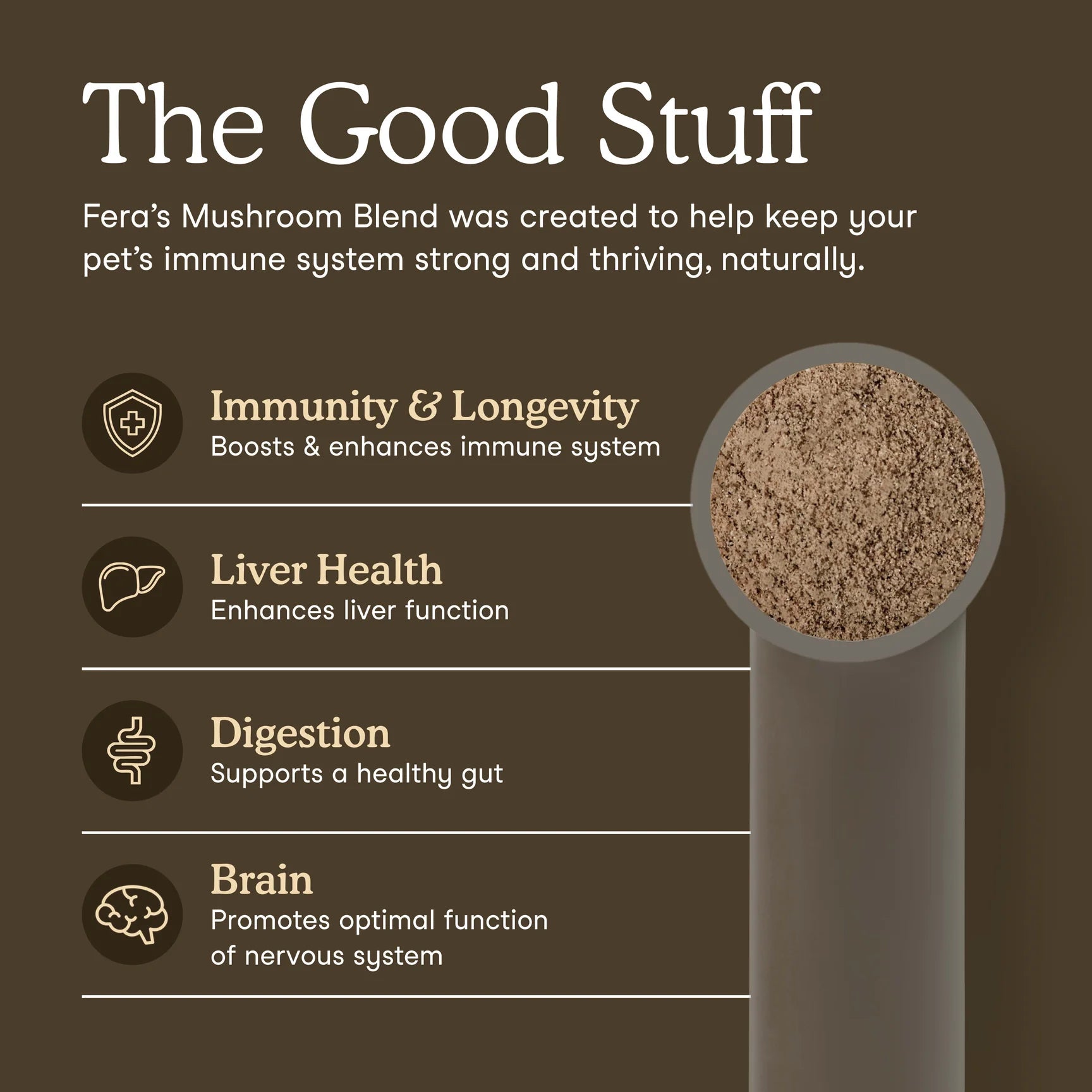 Fera Pets mushroom supplement supporting immune system brain health and digestion in dogs