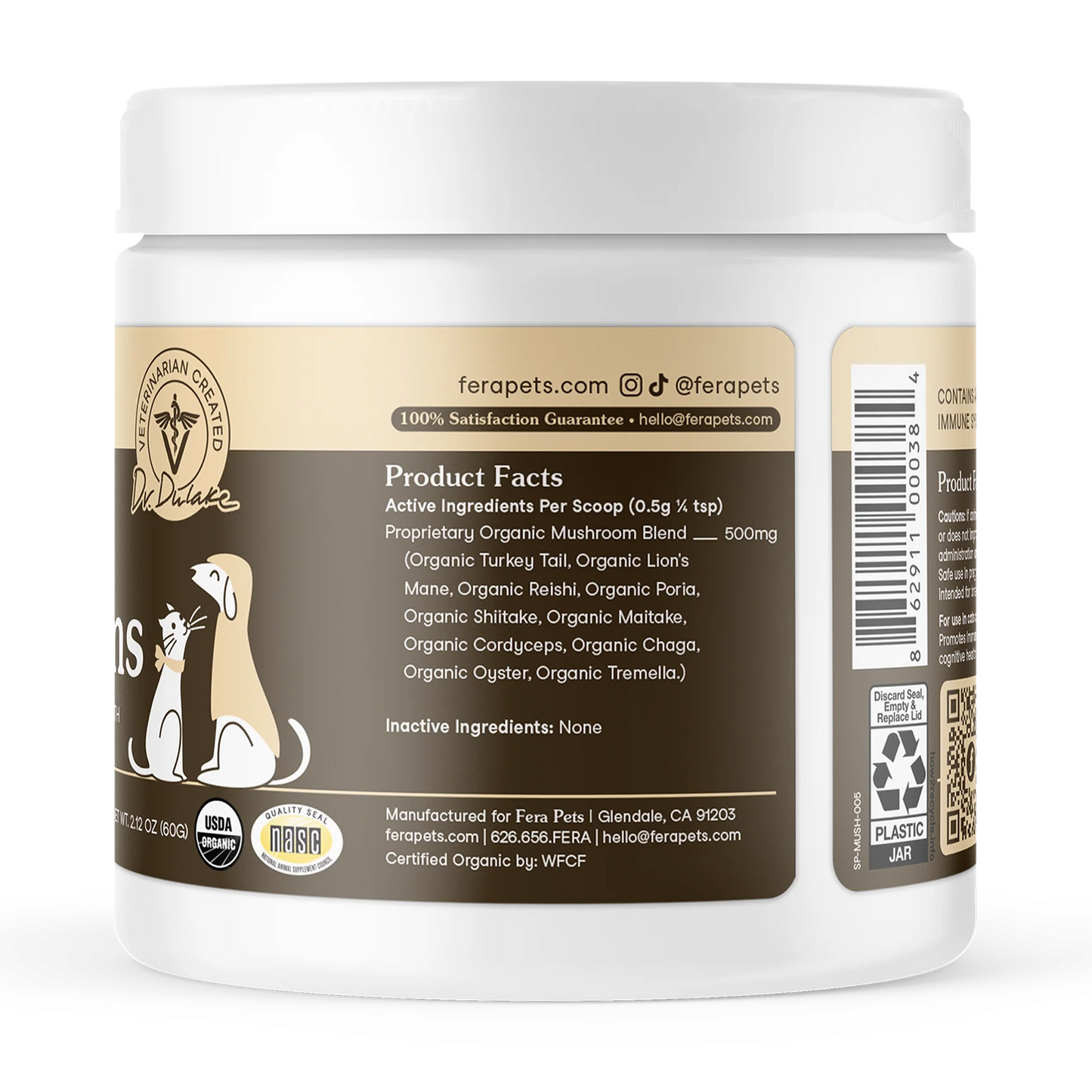 back label of Fera Pets mushroom supplement for dogs showing ingredients and details