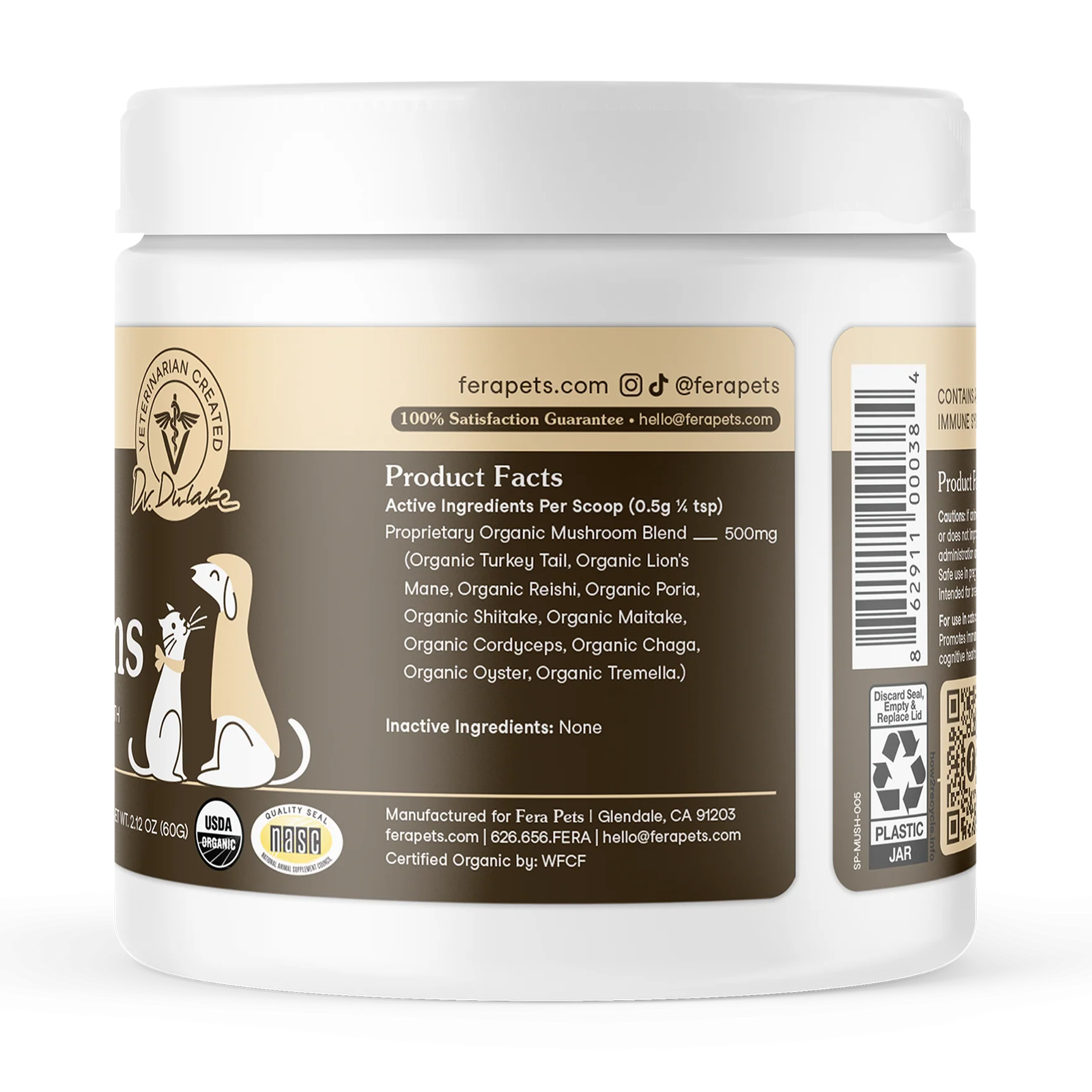 back label of Fera Pets mushroom supplement for dogs showing ingredients and details