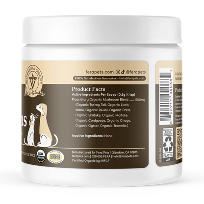 back label of Fera Pets mushroom supplement for dogs showing ingredients and details