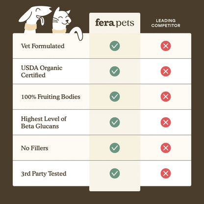 comparison chart showing fruiting body mushrooms versus mycelium in dog mushroom supplements