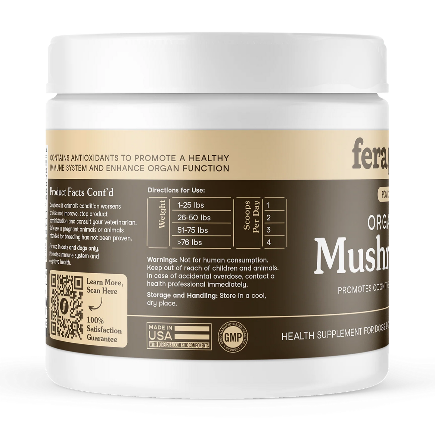 side view of Fera Pets organic mushroom supplement jar for dogs