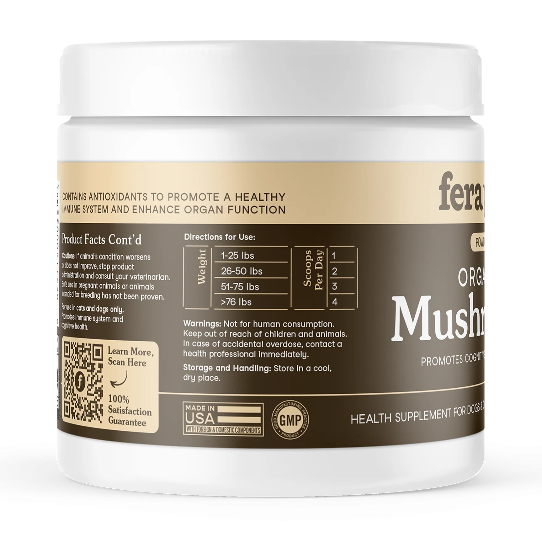 side view of Fera Pets organic mushroom supplement jar for dogs